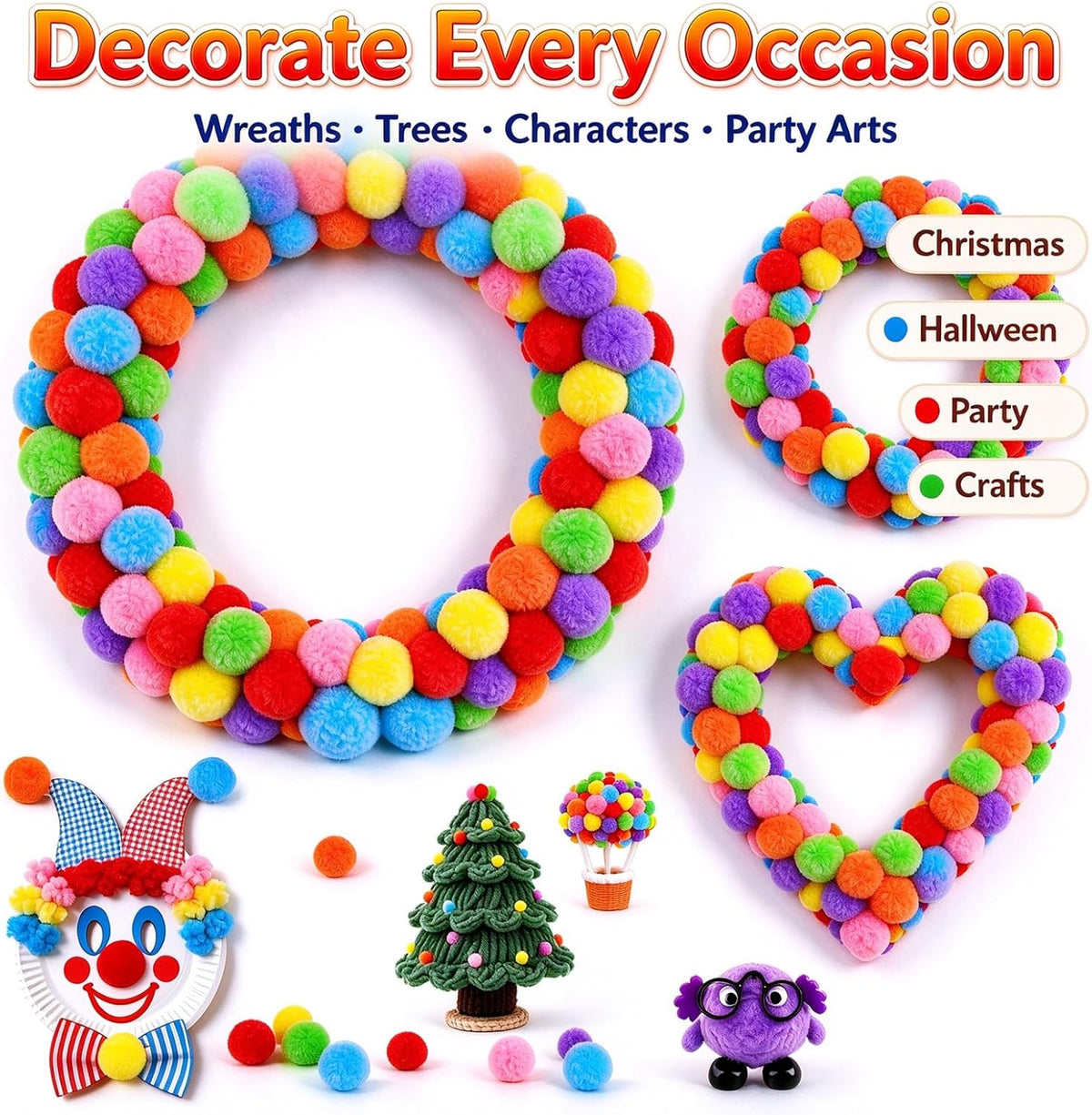 Zddaoole 120 large craft pom poms in red, blue, green, purple, orange and yellow - view 7
