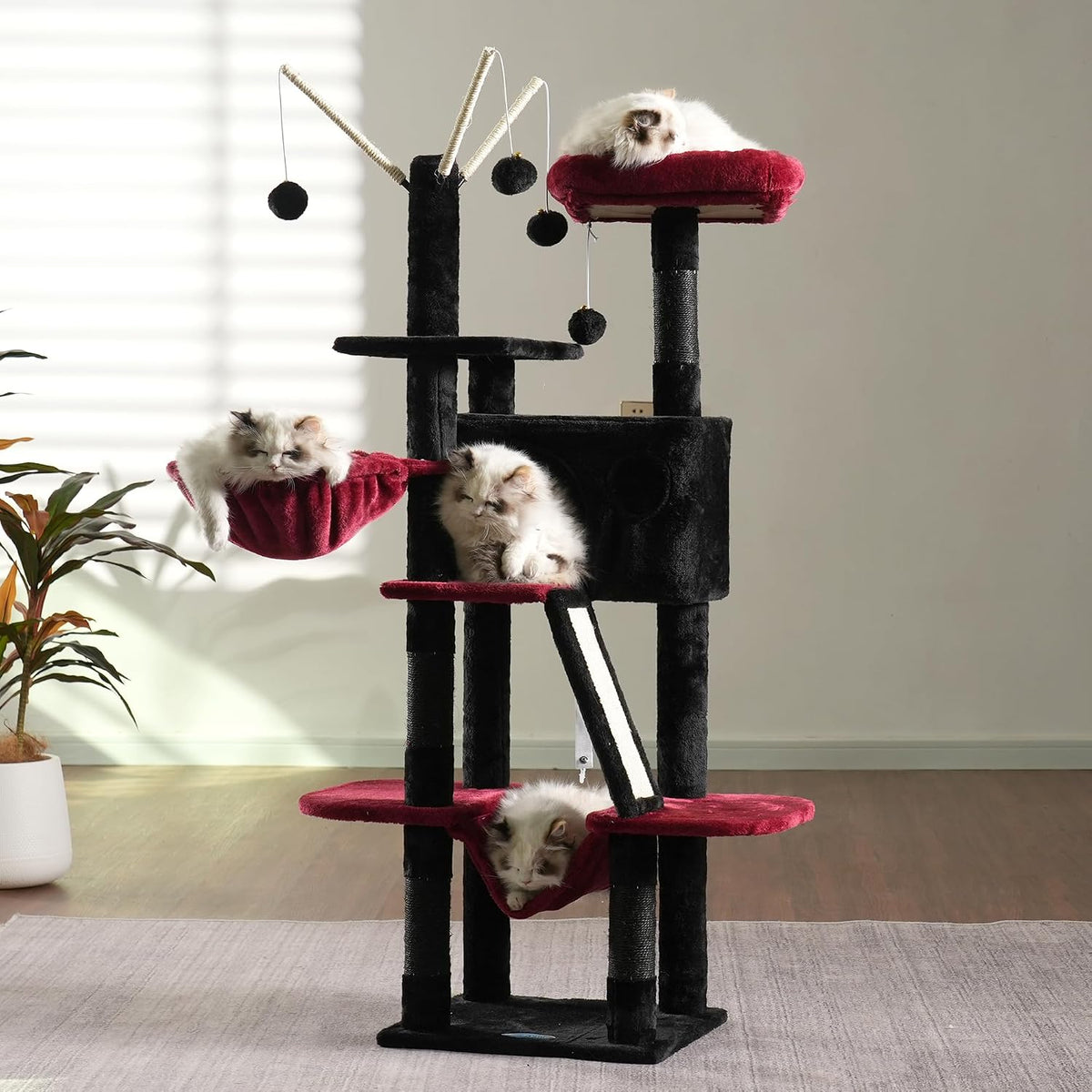 Hey-brother Cat Tree Tower with Padded Platform Bed, Hammock - 53 Inch / Black and Red - image 2