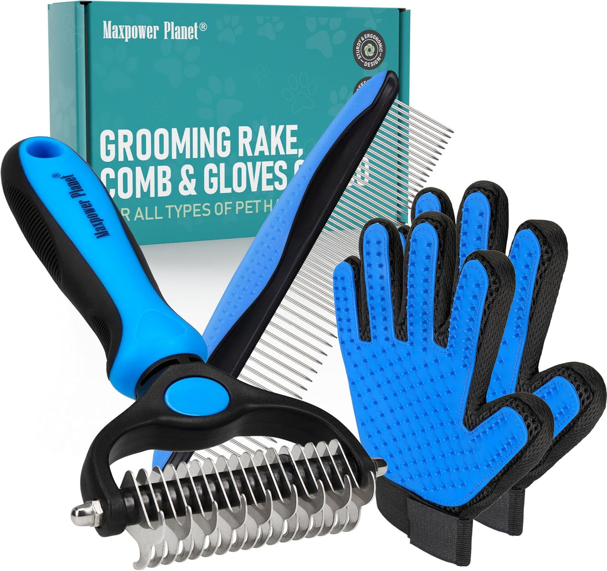 Maxpower Planet Dog Grooming Rake, Deshedding Undercoat Brush - B1 - Rake, Gloves & Comb / Large