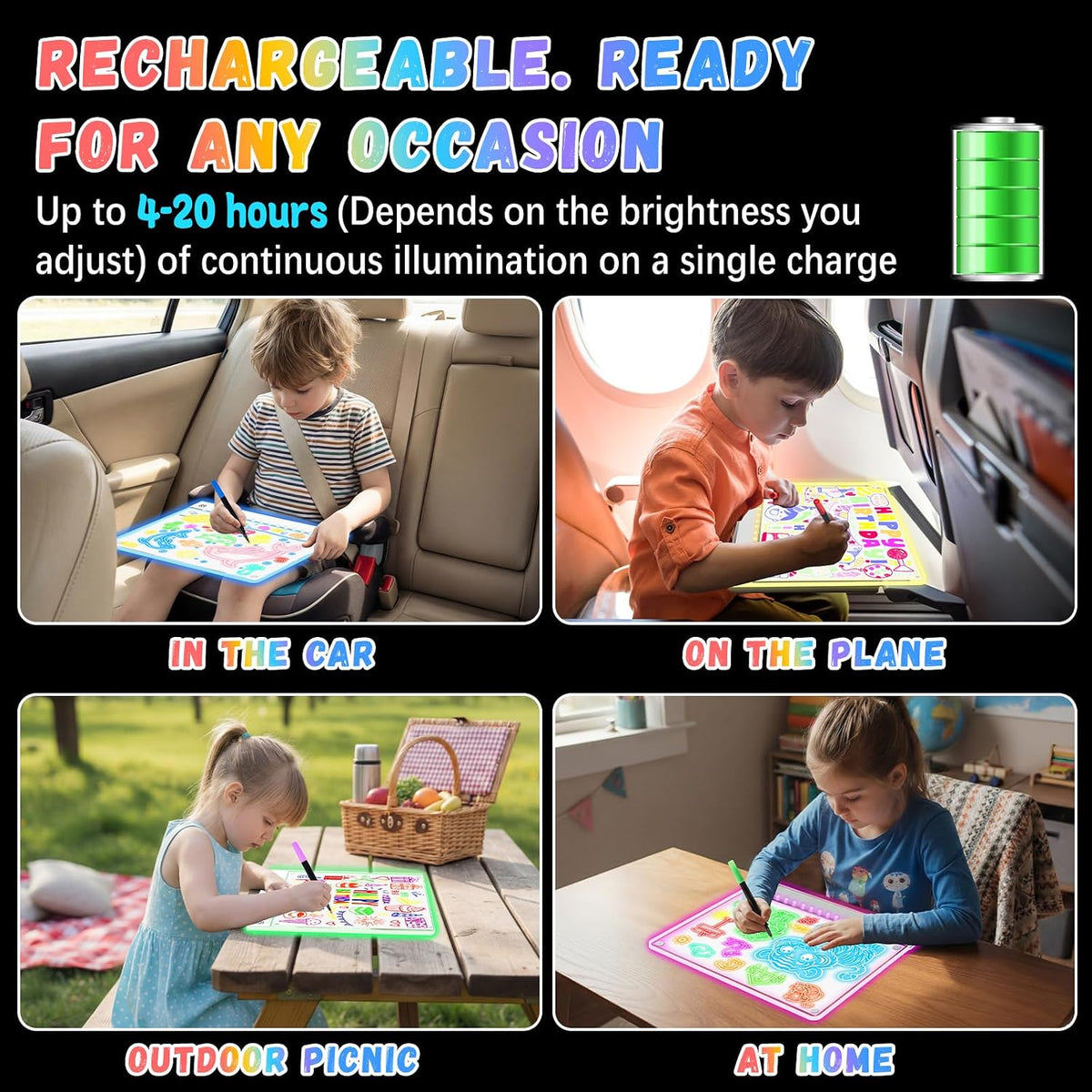 16" Rechargeable LED Drawing Board for Kids, 7 Colors - White4 / 2PACK - image 4