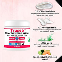 Truseb Topical for Dogs, Cats and Horses - with Aloe for Cleansing (Ketoconazole & Chlorhexidine Wipes, 100 Count)