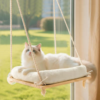 Cat Window Perch Hammock with Solid Wood Seat & Plush Cushion – Essentials for Cats - Natural Wood / Suction Cup Mount - Standard