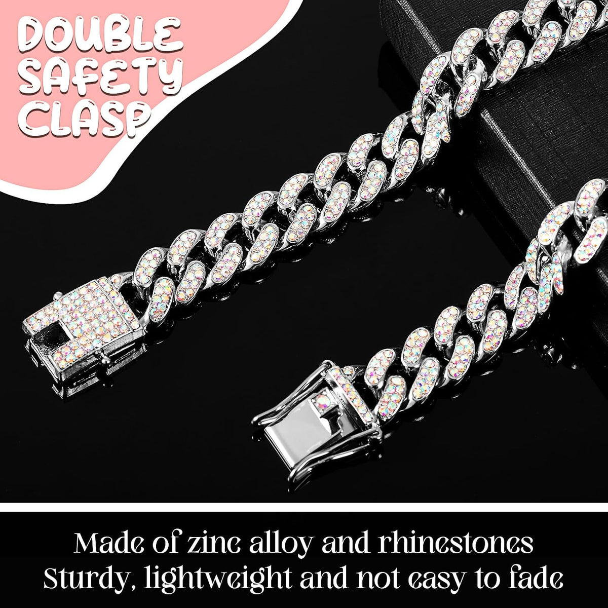 LEIFIDE Cuban Link Dog Collar Chain 12mm, Rose Gold, Pink - 12 Inches / Silver, AB Color - image 4