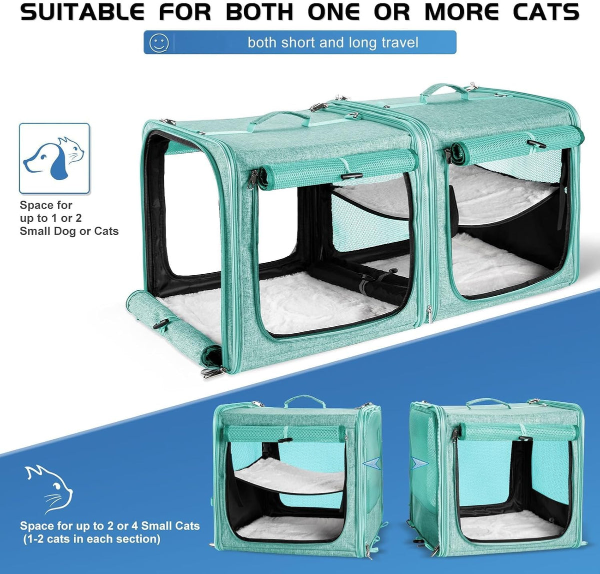 Extra Large Cat Carrier for 2 Cats with Travel Litter Box - Green / Dual Carriers - image 4