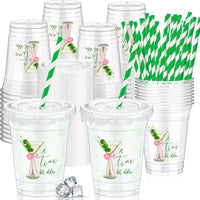 Domensi clear 12 oz Halloween ghost party cups with lids and pink striped paper straws - view 8