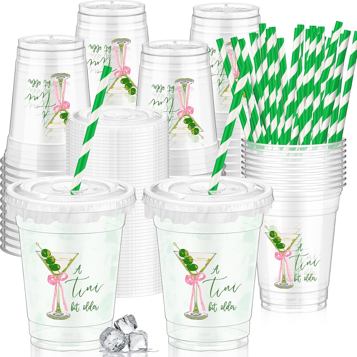 Domensi clear 12 oz Halloween ghost party cups with lids and pink striped paper straws - view 8
