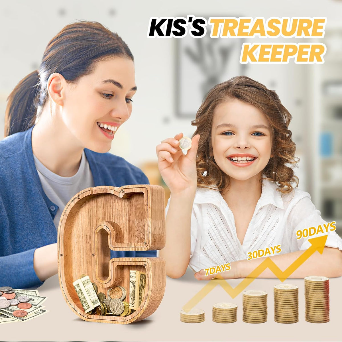 KMC wooden letter piggy bank, oak initial coin bank with clear plexiglass front - view 24