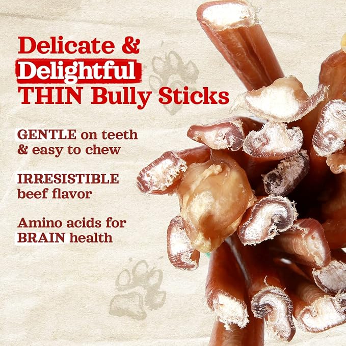 Natural Farm Odor-Free Thin Bully Sticks (12”, 25-Pack) All-Natural Long-Lasting Dog Chews, 100% Beef Pizzle, Grass-Fed, Grain-Free, Protein for Muscle Development & Energy, Perfect for Large Dogs