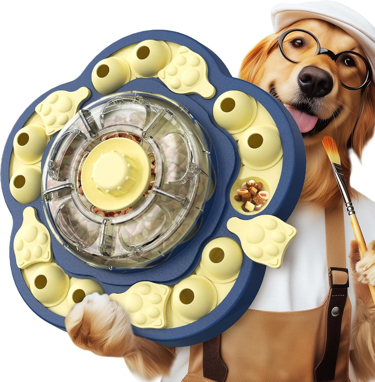 3-Level Dog Puzzle Toy, Spin to Release Treat Dispenser & Slow Feeder – Essentials for Dogs - Sunflower Blue