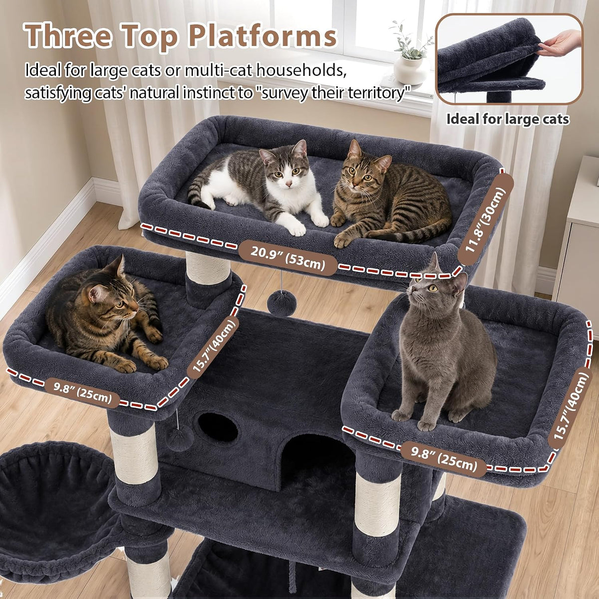 Cat Tree, 74" Tower for Large Cats, Big Condo & Hammock GCT030G – Essentials for Cats - 74 inch / Smoky gray - image 3