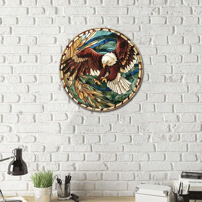 Lygond Metal Sign Tin Sign Circular Stained Glass Eagle Signs For Garden For Pet 8×8 Inches