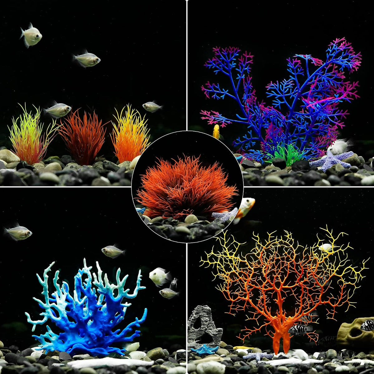 MyLifeUNIT set of 7 artificial coral and plant aquarium ornaments with ceramic bases - view 3