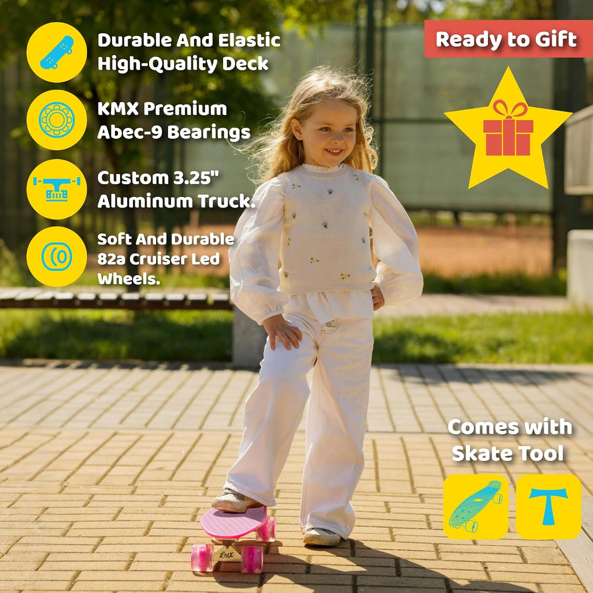 KMX Classic Retro Mini Cruiser Skateboard 22" & 27" for Boys Girls - Pink Unicorn LED / 22" - image 3