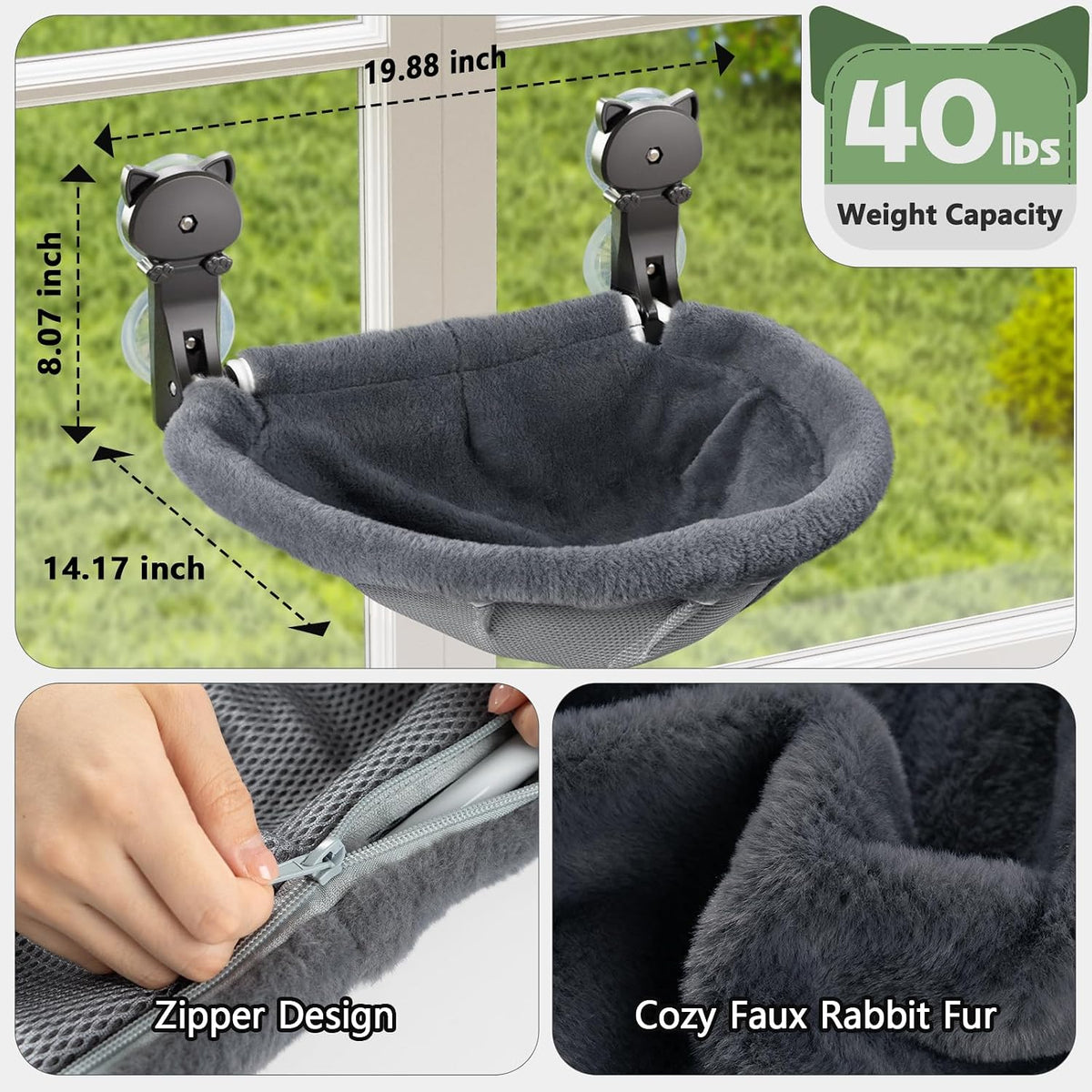 Cat Window Perch Cordless, Foldable & Stable Cat Beds - Faux Rabbit Fur+Mesh Cover / Grey+Black - image 3