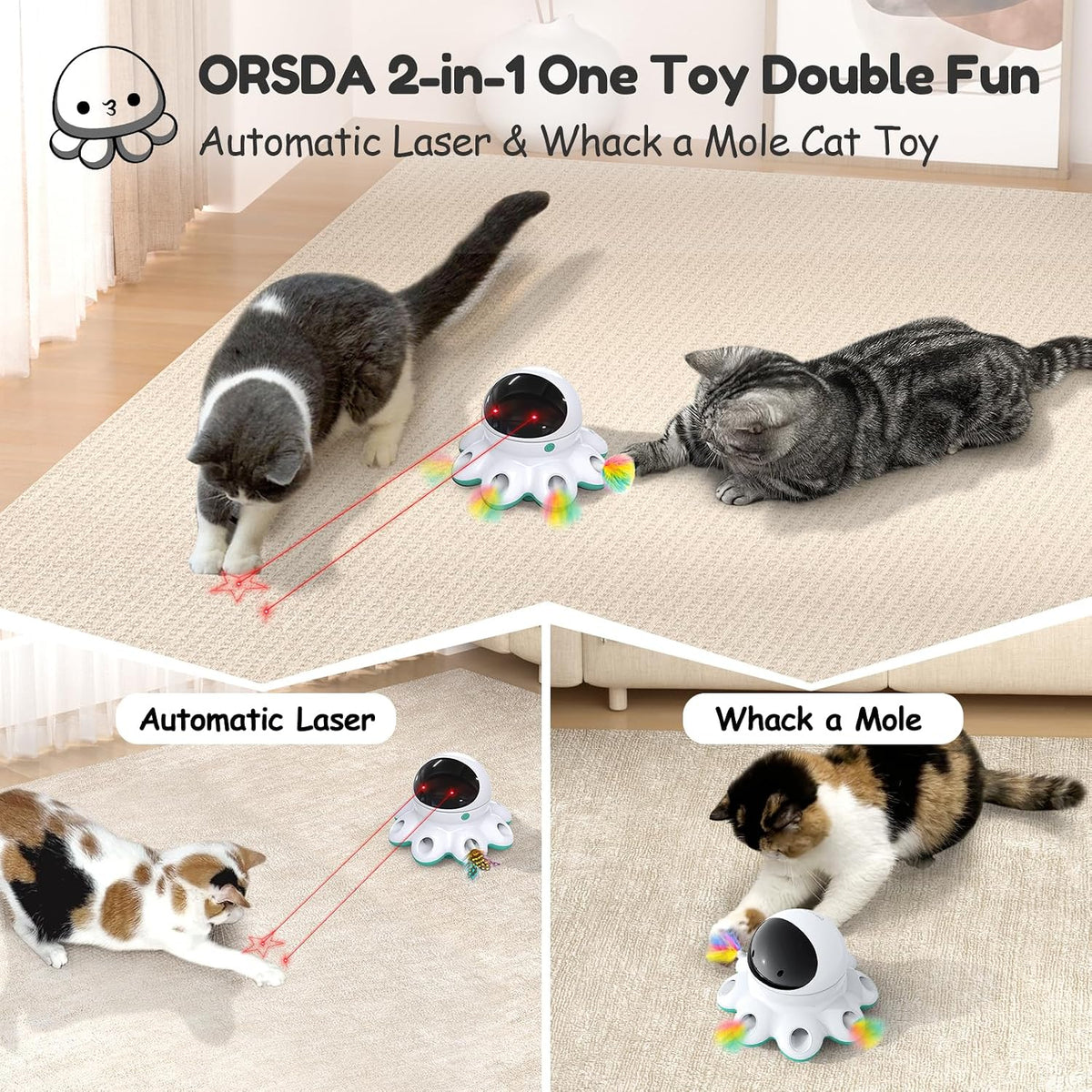 ORSDA Cat Laser Toy, 2-in-1 Interactive Automatic Motion Activated Moving 8 Holes Whack A Mole - Robin Egg Blue (1 Count) - image 2