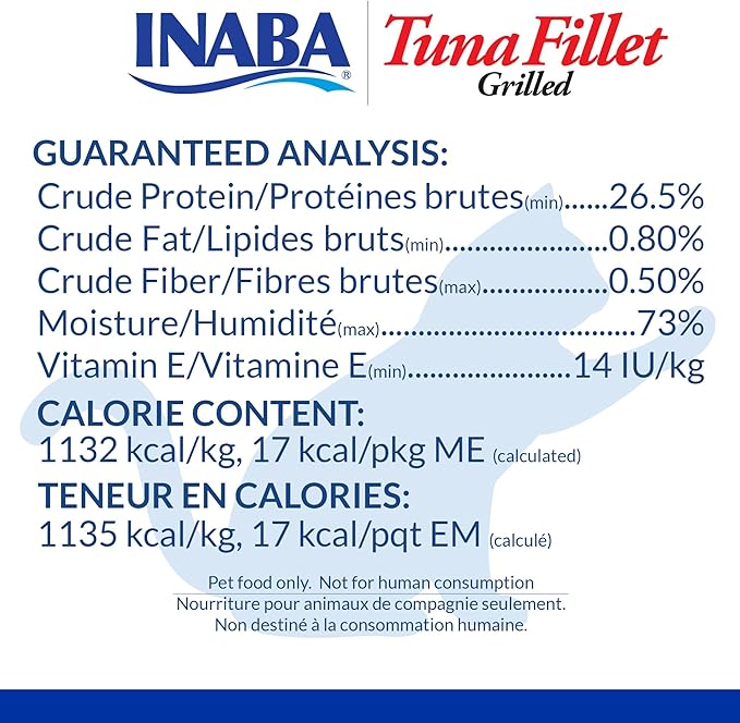 INABA Premium Hand-Cut Grilled Tuna Fillet Cat Treats/Topper with Vitamin E and Green Tea Extract, 0.52 Ounces Each, Pack of 6, Tuna Broth
