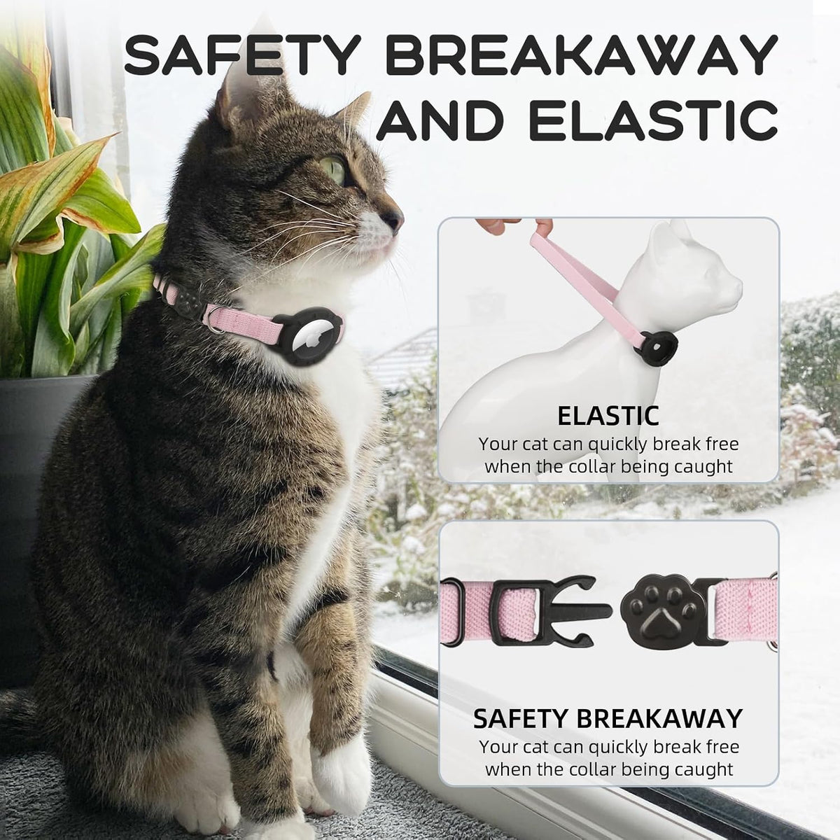 AirTag Cat Collars, Stretchy Collar with Air Tag Holder and Bell – Essentials for Cats - Pink - image 4
