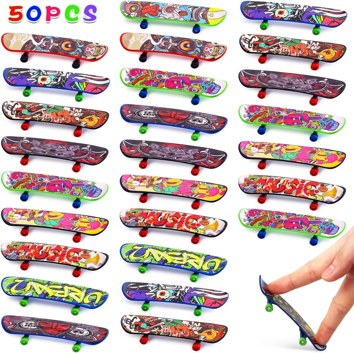POPLAY 50-pack of mini finger skateboards with assorted graffiti-style graphics