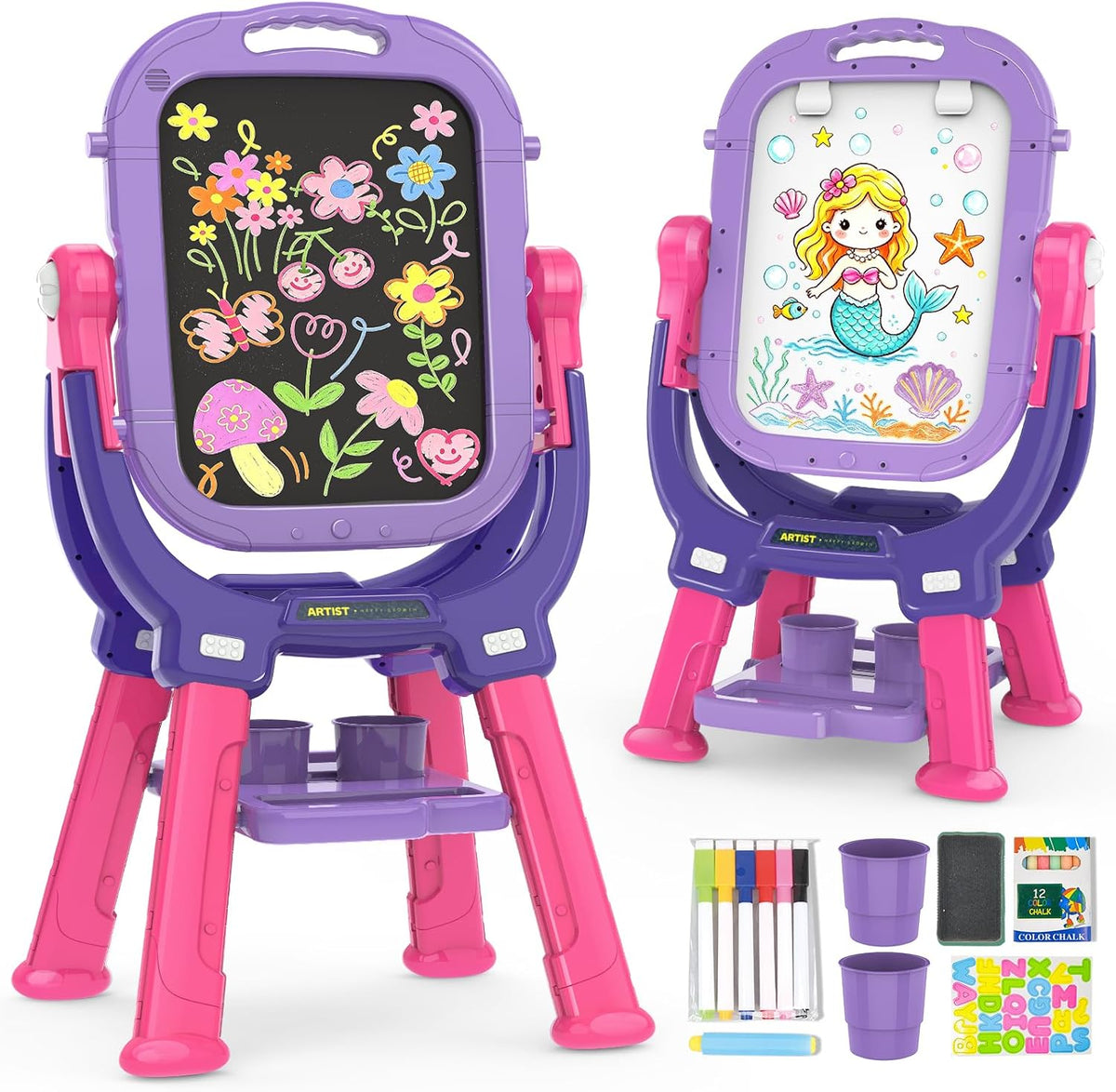Kids Easel for Toddler Age 3 4 5 Magnetic Double-Sided Drawing Board - purple red