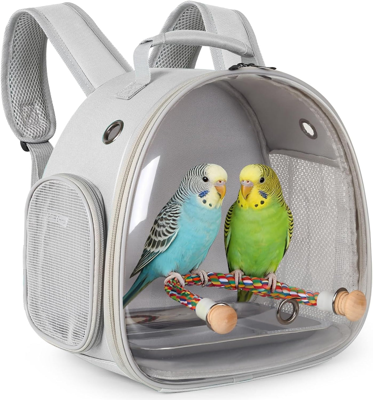 Small Bird Travel Backpack Carrier Cage - Grey / Clear Bubble + Tray