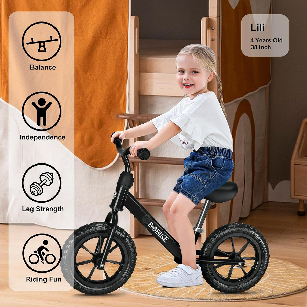 Bobike Toddler Balance Bike Toys for 2 to 5 Year Old Girls Boys - Black / Classic - image 4