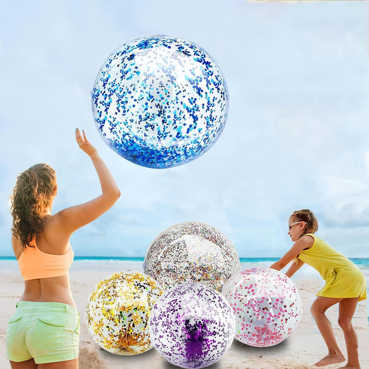 TURNMEON 5 Pack Sequins Beach Balls 16 Inch 24 Inch Pool Party - Multicolor / 2 pcs 24inch+3 pcs 16inch