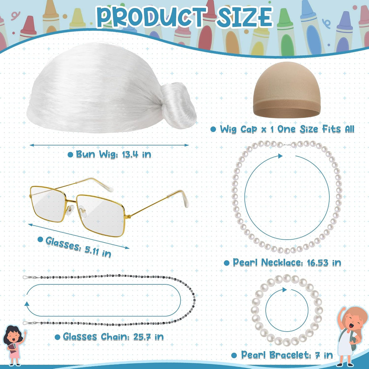Huskein Old Lady Costume, Old Lady Cosplay Silver Bun Wig Glasses Wig Cap Pearl Necklace Bracelet - White-bun - image 2
