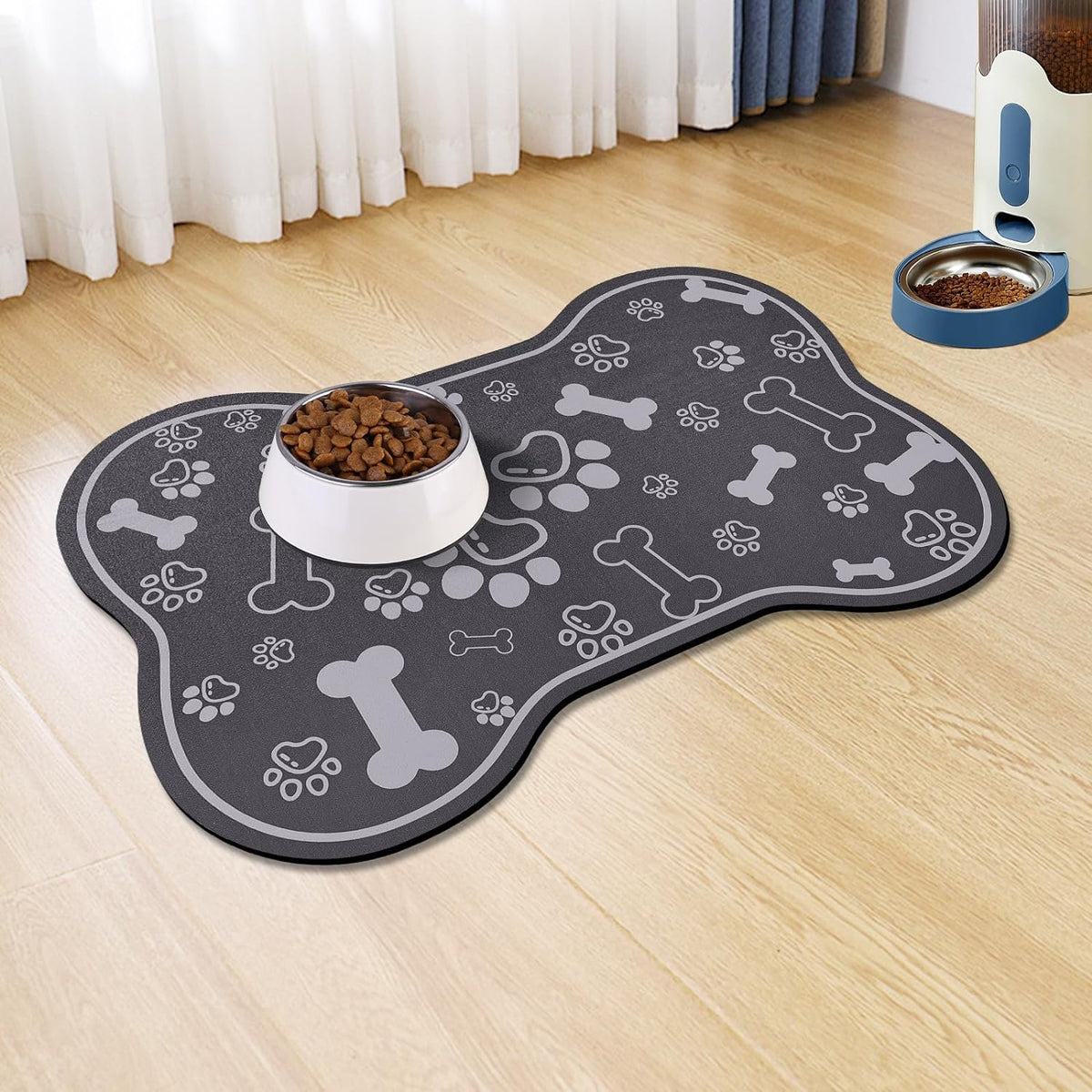 Dog Cat Food Mat, Rapid Absorbent Pet Feeding Mat - 18"L x 12"W / Bone Shaped Dark Grey