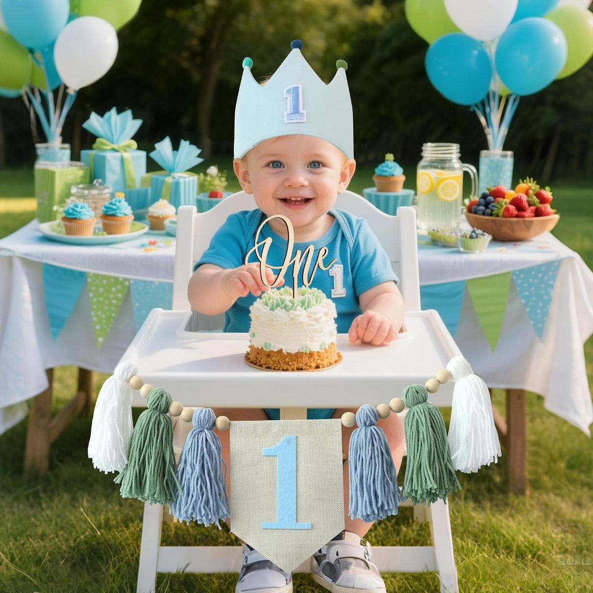 DCJHFJ First Birthday Decorations for Boy Highchair Banner One - Blue and Green Banner - image 3