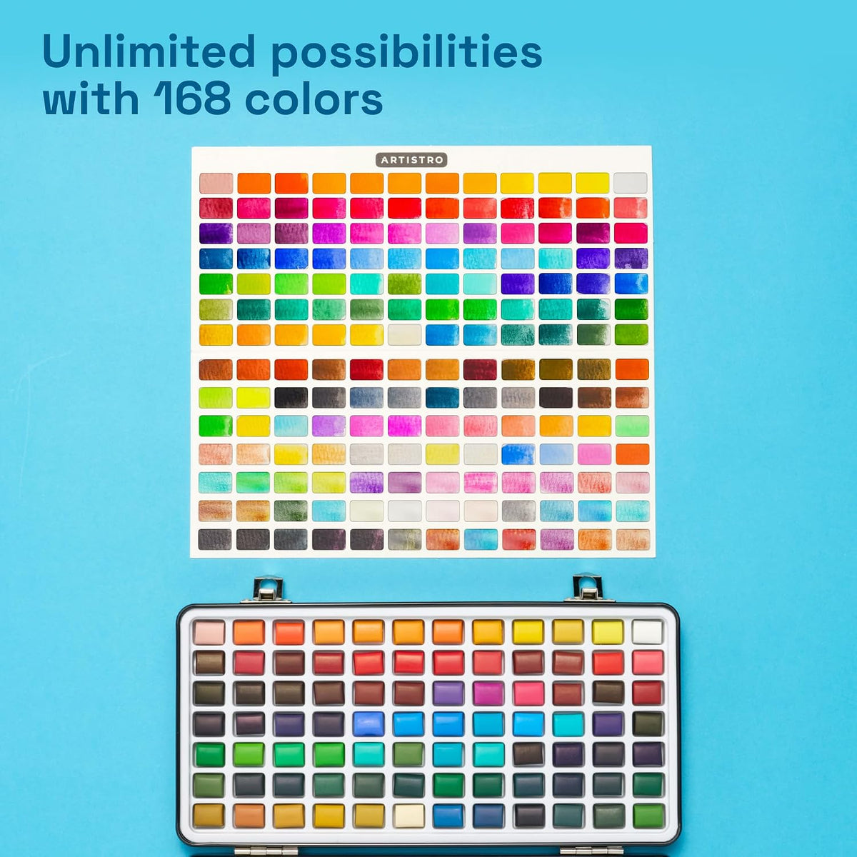 ARTISTRO 50 Metallic Watercolor Paint Set with Brushes for Adults - 168 colors Portable Travel - image 3