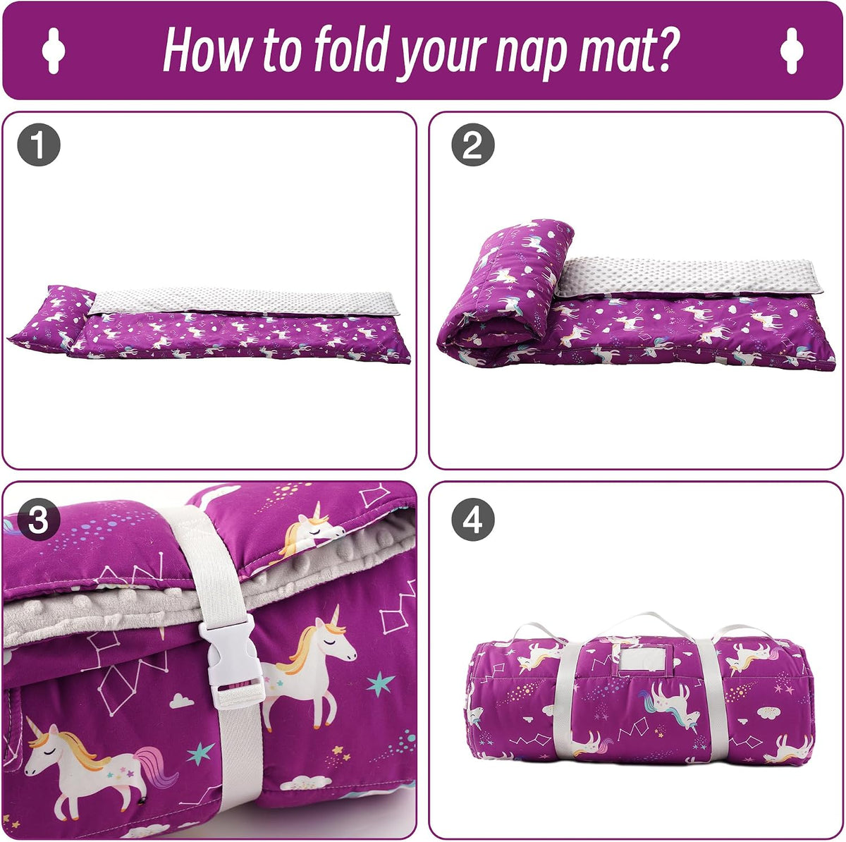 Bunnikins & Clover Toddler Nap Mat with Removable Pillow - Purple Unicorn - image 2