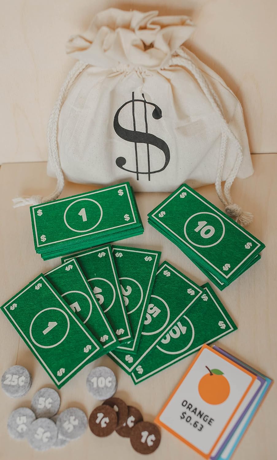 Good Ground felt play money set with dollar bills, coins, flashcards and wallet - view 4