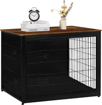 DWANTON Dog Crate Furniture with Cushion, Wooden Kennel Table with Double Doors, Indoor Dog House, Extra Large Size, 43.3" L, Black+Rustic Brown