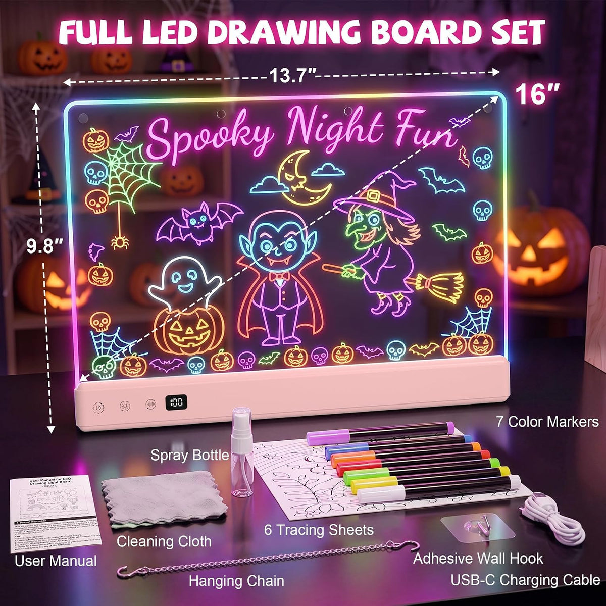 Honesorn 16’’ LED Drawing Board for kids 16 Light Effects White – Fun for Kids & Family - Pink - image 2