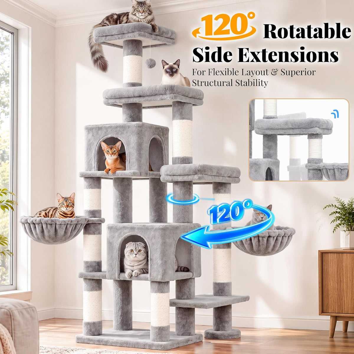 Hey-brother Cat Tree Tower with Stable Extended Base - Light Gray - image 3