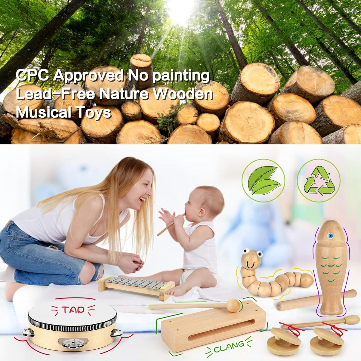 Kaqinu 23 piece wooden musical instruments for kids with xylophone and tambourine - view 2
