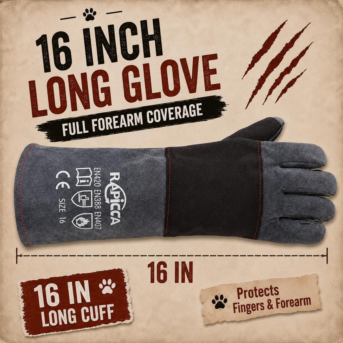 RAPICCA Animal Handling Gloves, Bite Proof Double Leather - 2 Count (Pack of 1) / 16 Inches - image 2