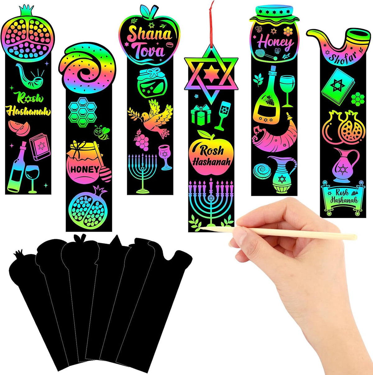 JUNEBRUSHS rainbow scratch art bookmarks with bamboo scratch sticks and colored satin ropes - view 8