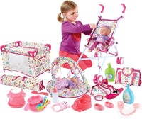 deAO Baby Doll Stroller Nursery Pretend Play Toy Set with Play Mat - White