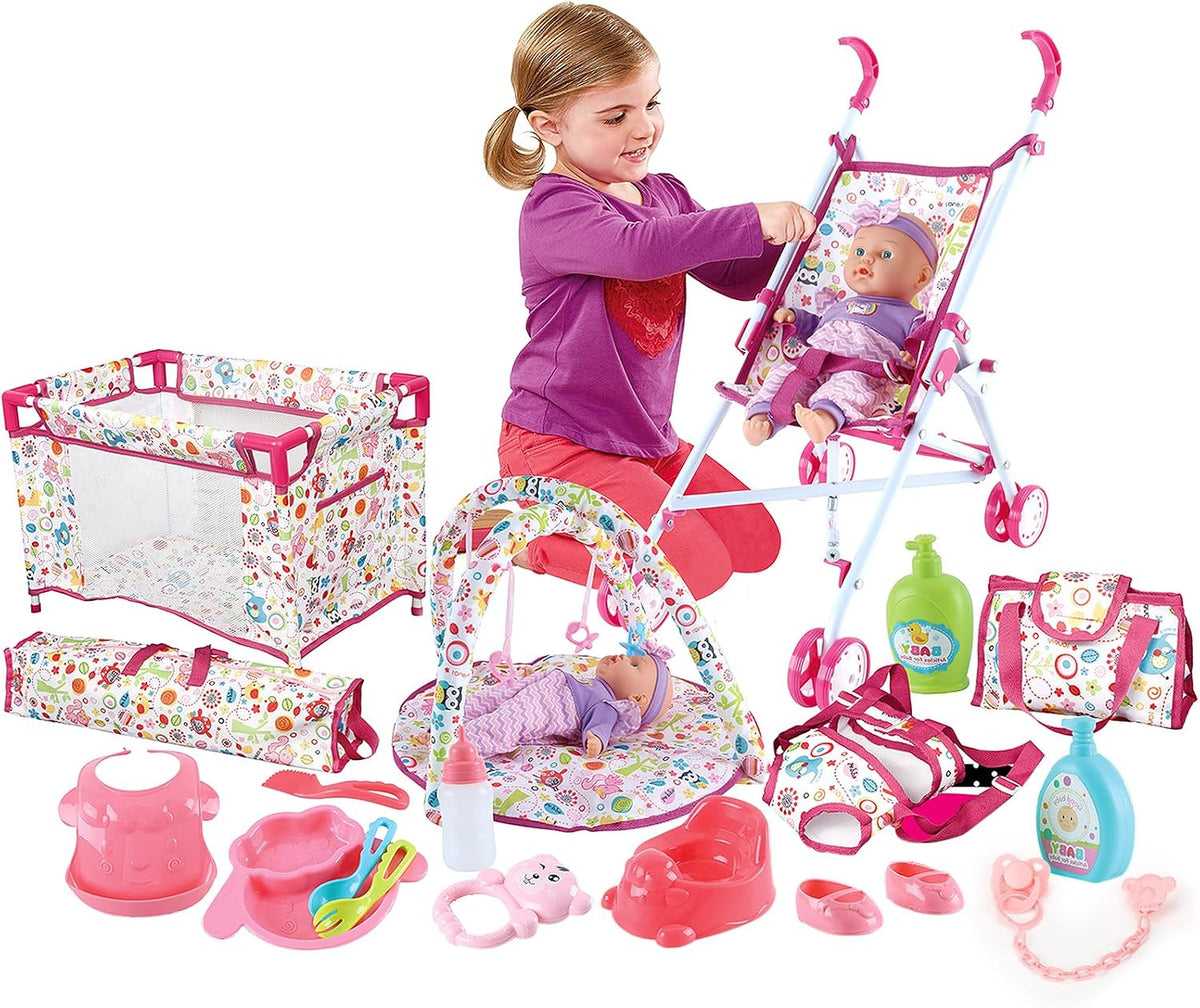 deAO Baby Doll Stroller Nursery Pretend Play Toy Set with Play Mat - White