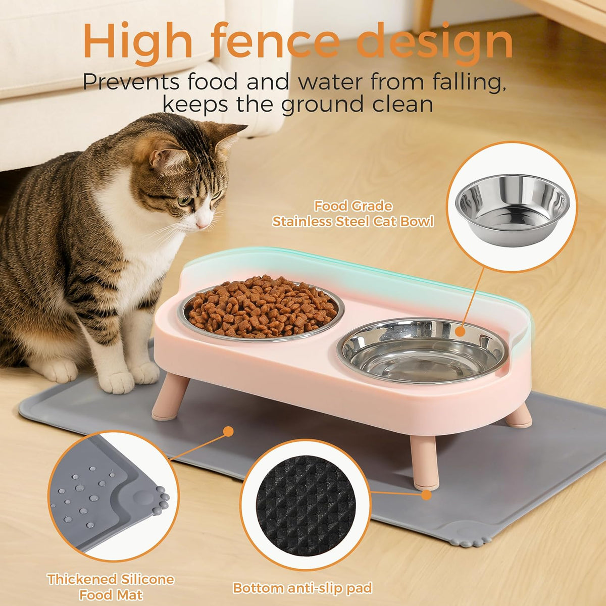 Elevated Cat Bowls Set - Raised Cat Food and Water Bowl Set with Non Slip Stand - Pet Feeding - Pink - image 3
