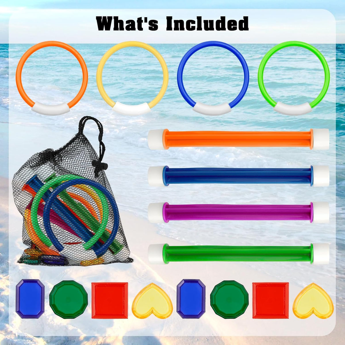 Leislam 16 piece pool diving toys with dive rings, dive sticks, dive gems and storage bag - view 12