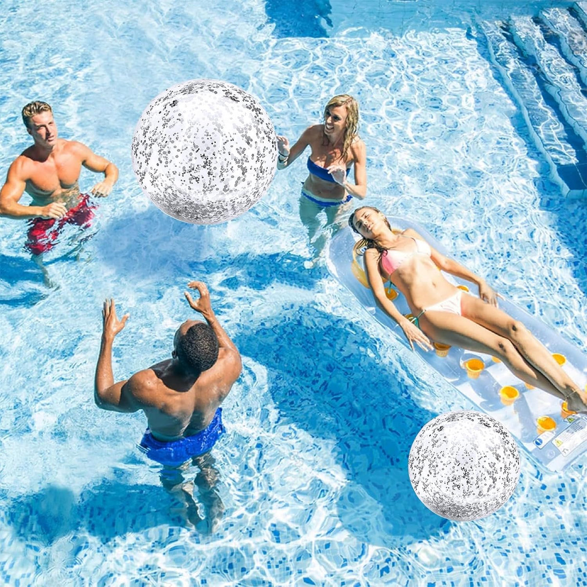 TURNMEON 5 Pack Sequins Beach Balls 16 Inch 24 Inch Pool Party - Silver / 2 pcs 24inch+3 pcs 16inch - image 3