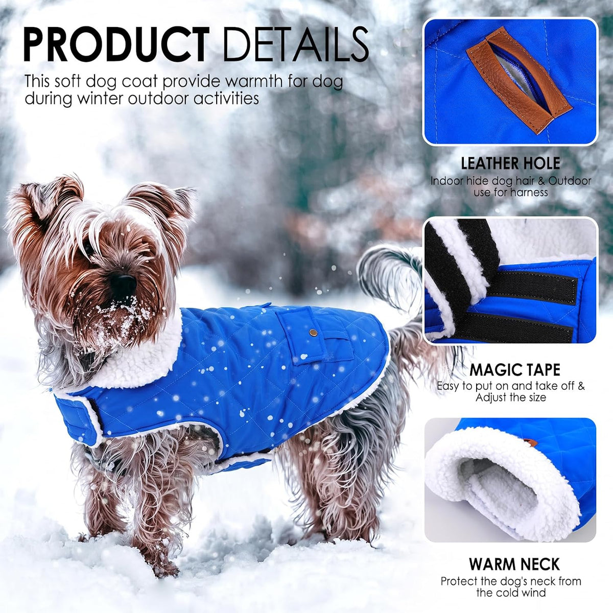 Dog Winter Coats for Small Dogs Puppies - Solid RoyalBlue / Medium - image 2