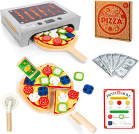 WOODMAM Wooden Pizza Toy, 48 PCS Montessori Pretend Play Food for Ages 3+ – Fun for Kids & Family - Cardboard Box Oven