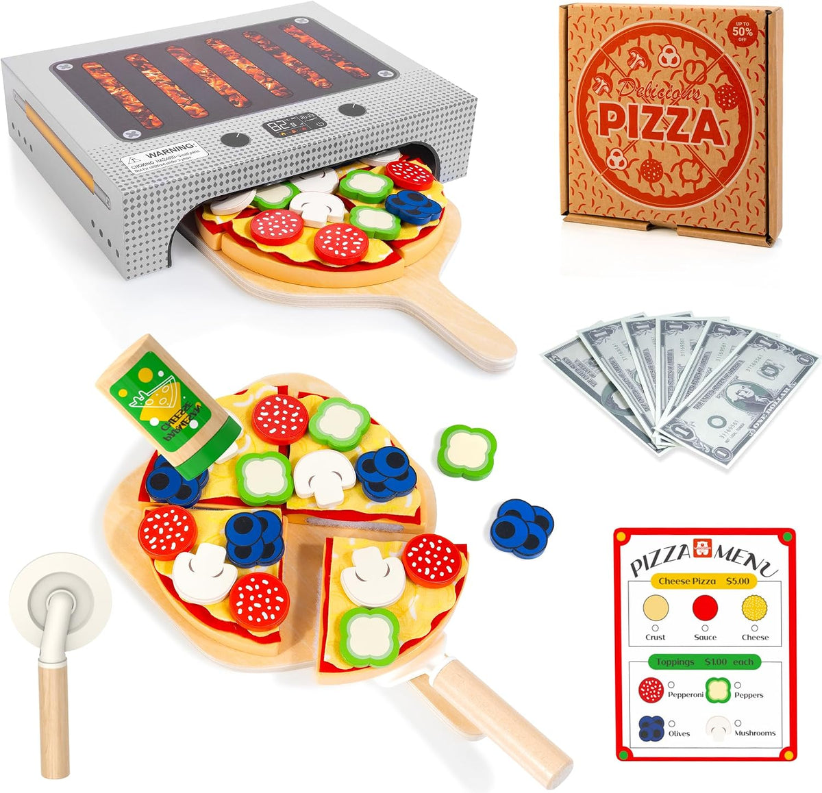 WOODMAM Wooden Pizza Toy, 48 PCS Montessori Pretend Play Food for Ages 3+ – Fun for Kids & Family - Cardboard Box Oven