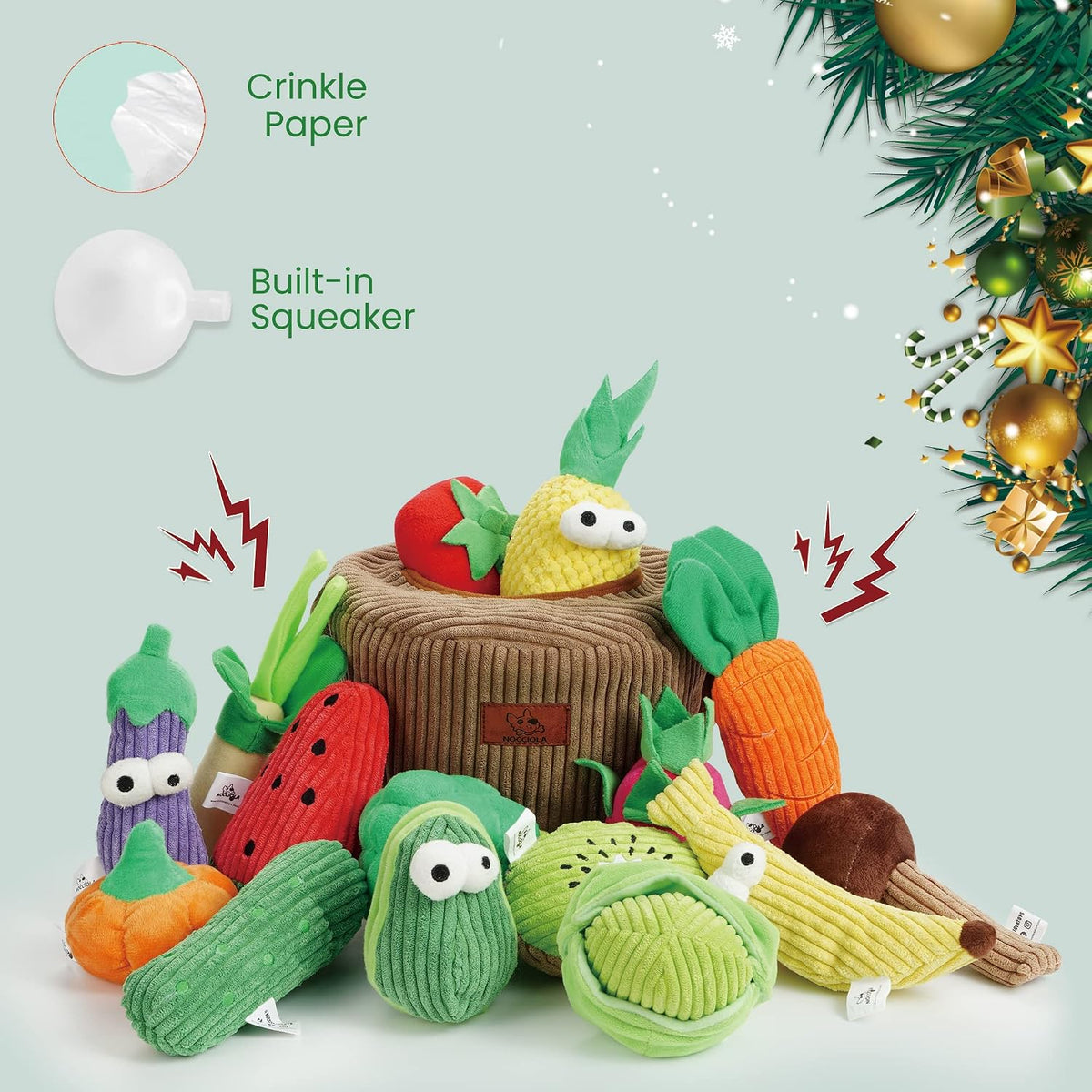 Nocciola Squeaky Fruits Veggies Stuffed Dog Toys Pack - image 3