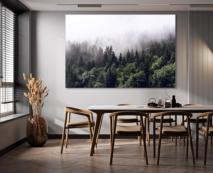 Nature Wall Art Prints - Ocean Forest Mountain Lake Canvas Landscapes - Small to Extra Large Living Room Bedroom Kitchen Bathroom Décor (Foggy Pine Forest, 35L" x 53W")