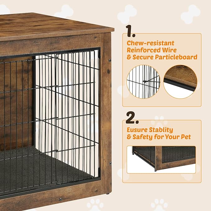 Dog Kennel Furniture, Wooden Dog Crate End Table with Dual Doors, Chew-Proof Design & Cushion, Heavy Duty Dog Crate, Decorative Pet Crate Dog Cage for Indoor (39 Inch)