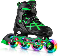 Kuxuan Boys Adjustable Inline Skates with Light up Wheels for Kids - Stripe Green / Medium(Kids 13-3 US)